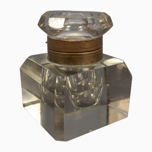 Encrier Ancien en Cristal Taillé et Laiton Doré, Fin du 19ème Siècle