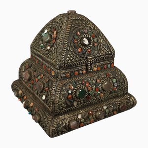 Antique Tibetan Wood and Metal Chest with Semi-Precious Stones, 1890s