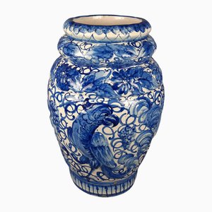 Grand Vase Vintage en Céramique Majolique Bleue et Blanche, 1950s
