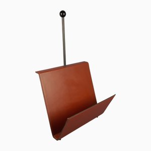 Italienischer Zeitschriftenständer aus Braunem Leder & Metall von Porada, 1980er