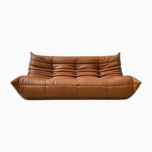 Canapé Togo en Cuir Cognac Foncé attribué à Michel Ducaroy pour Ligne Roset
