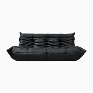 Französisches Togo Sofa aus schwarzem Leder von Michel Ducaroy für Ligne Roset, 1970er