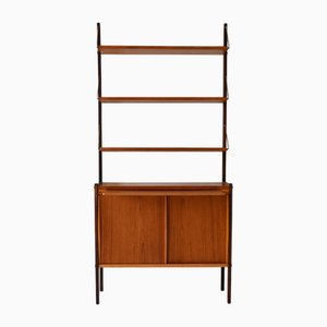 Skandinavisches Vintage Bücherregal mit Ausziehbarem Schreibtisch & Messingknöpfen, 1960er