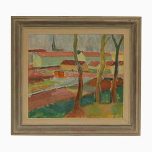 Clas Walter Sundman, Von Bäumen verdeckte Häuser, 1960er, Öl auf Leinwand, Gerahmt