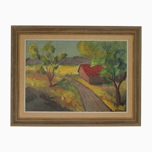 Bror Göransson, Paesaggio con fienile, anni '60, Olio su tela, con cornice