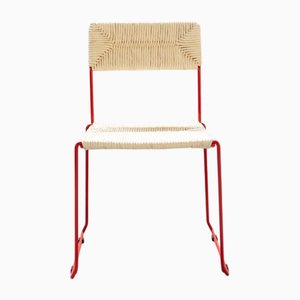 Italian Sculptural Red Iron and Natural Straw Dining Chair, 2010s