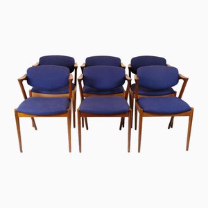 Model 42 Dining Room Chairs in Teak and Blue Fabric by Kai Kristiansen for Andersen Møbelfabrik, 1960s, Set of 6