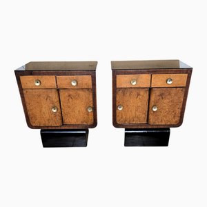 Italian Art Deco Nightstands in Burl Walnut, 1940s, Set of 2