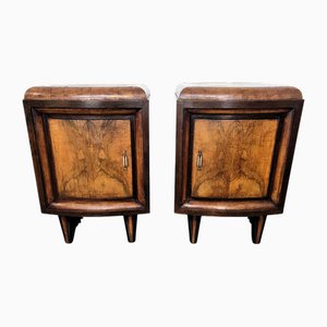 Italian Art Deco Style Bedside Tables in Burl Walnut, 1940s, Set of 2