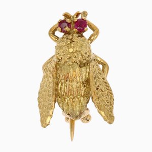 Small 18 Karat Yellow Gold Bee Brooch with Rubies, 1960s