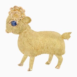 French 18 Karat Yellow Gold and Sapphire Ram Pendant Brooch, 1960s
