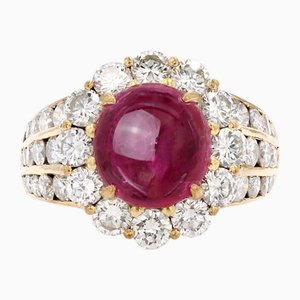 18 Karat Yellow Gold Daisy Ring with Cabochon, Ruby and Diamonds, 1980s