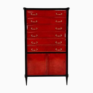 Italian Art Deco Red Parchment and Black Lacquer Chest of Drawers, 1950s