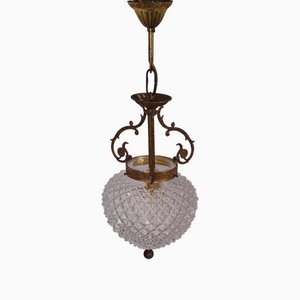 Vintage Hanging Lamp with Decorated Brass Frame and Knobbed Glass Shade, 1960s