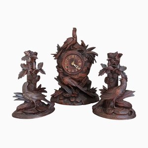 Black Forest Set Clock with Pheasants, 1890s, Set of 3