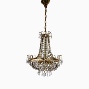 Lustre Antique en Laiton et Cristal au Plomb de Palwa, 1960s