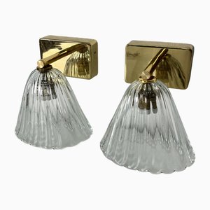 Wall Lamps in Brass and Murano Glass, 1950s, Set of 2