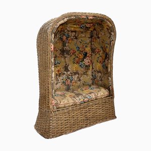 Vintage Wicker Porter's Chair with Mulberry Rococo Linen Upholstery, 1940s