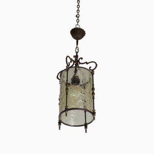Vintage Brass and Textured Glass Pendant Lantern, France, 1950s