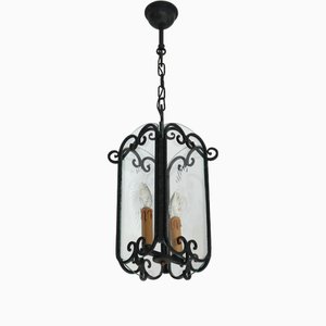 Vintage Wrought Iron and Etched Glass Lantern Pendant, France, 1950s