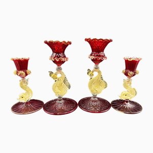 Goldene Fisch & Rubin Tassen Kerzenhalter aus Murano Glas, 1960er, 4 . Set