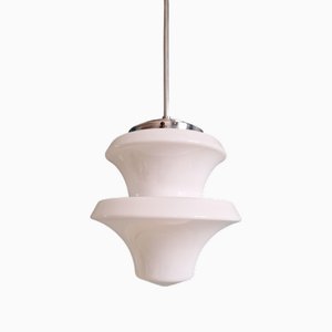 Large Art Deco Pendant Light in White Opaline, 1920s-1930s