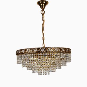 24 Karat Gold-Plated Brass and Lead Crystal 7-Flame Chandelier from Sölken Leuchten, 1970s