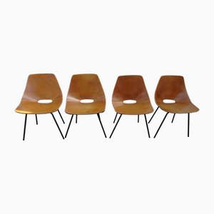 Vintage Cognac Leather Tonneau Chairs by Pierre Guariche, 1990s, Set of 4