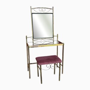 Vintage French Art Deco Style Vanity Table in Brass 1960s, Set of 3