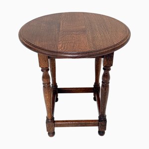 Table d'Appoint Ronde Antique en Chêne avec Pieds Tournés, Début du 20ème Siècle