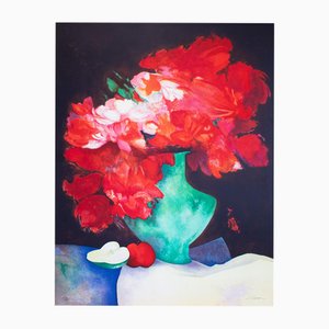 Claude Gaveau, Blumenstrauß in Roter Vase, Original Lithographie