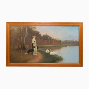 Lady in Front of a Lake with Swans, Oil Painting, Late 19th Century, Framed