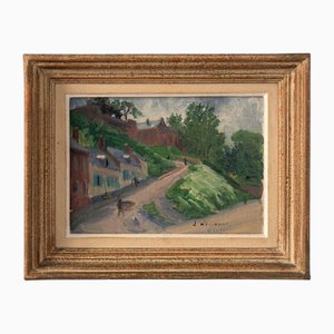 French School, Village Scene, Oil Painting on Canvas, Mid-20th Century, Framed