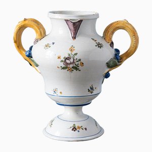 French Floral Faience Double-Handle Vase, 18th Century
