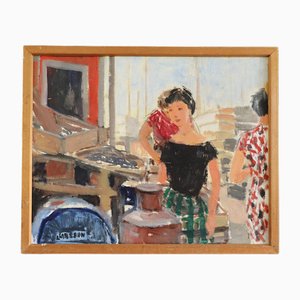 At the Market, Oil Painting, Framed