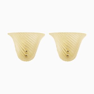 Ribbed Amber and Golden Murano Glass Wall Lamps, 1960s, Set of 2