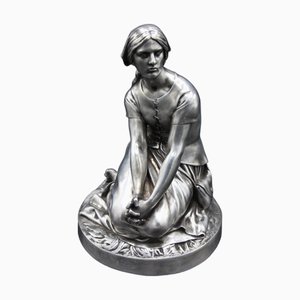 Chapu, Barbedienne Sculpture of Joan of Arc, 1800s, Bronze with Silver Patina