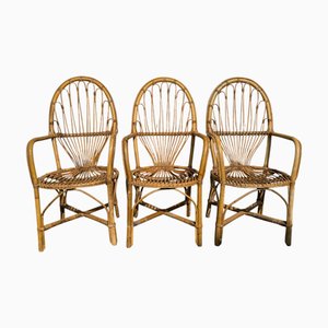 Poltrone vintage in vimini, anni '70, set di 3