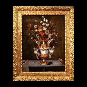 Roman School Artist, Still Life with Flowers, 1620, Oil on Canvas, Framed