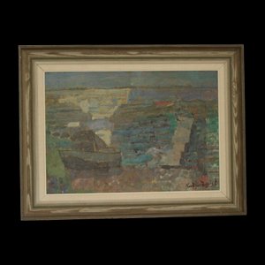 R. Lindqvist, Fischerboot am Pier, 1960er, Öl auf Holz, gerahmt