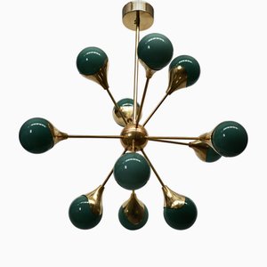 Mid-Century Spherical Green Glass and Brass Sputnik Chandelier, 2000s