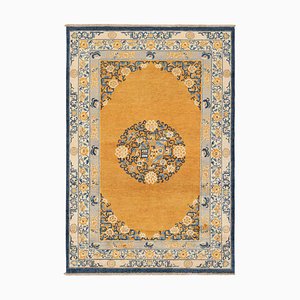 Rug in Gold with Medallion and Floral Patterns by Rug&Kilim