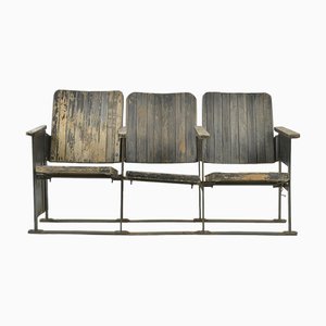 Panca da cinema a 3 posti in legno patinato con struttura in metallo