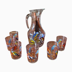 Verres et Carafe Vintage à Décor d'Oiseau Coloré, 1950s