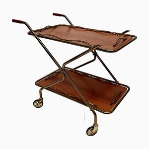 Teewagen oder Servierwagen aus Messing & Stahlrohr mit herausnehmbaren Teak Tabletts, Deutschland, 1960er