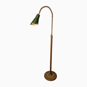 Lampada da terra telescopica in ottone con cono e paralume bianco di Osvaldo Borsani, anni '40