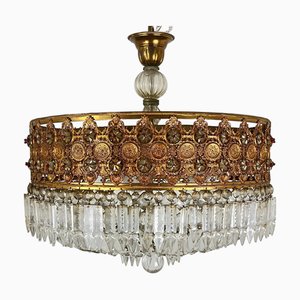 Vintage Jugendstil Hängelampe aus Messing & Kristallglas, 1930er