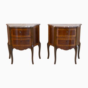 French Louis XV Marquetry Nightstands with Marble Tops, 1910s, Set of 2