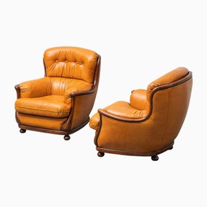 Chairs in Brown Leather and Wood, 1950s, Set of 2