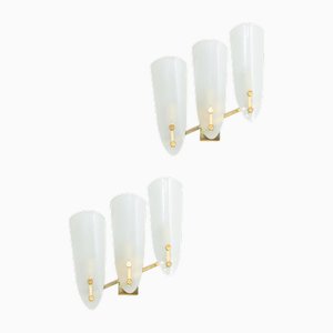 Wall Lamps in Satin Glass and Brass, 1960, Set of 2